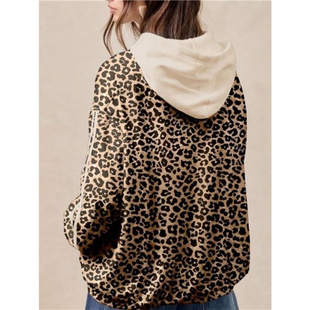 Leopard Print Long Sleeve Hoodie with Pocket